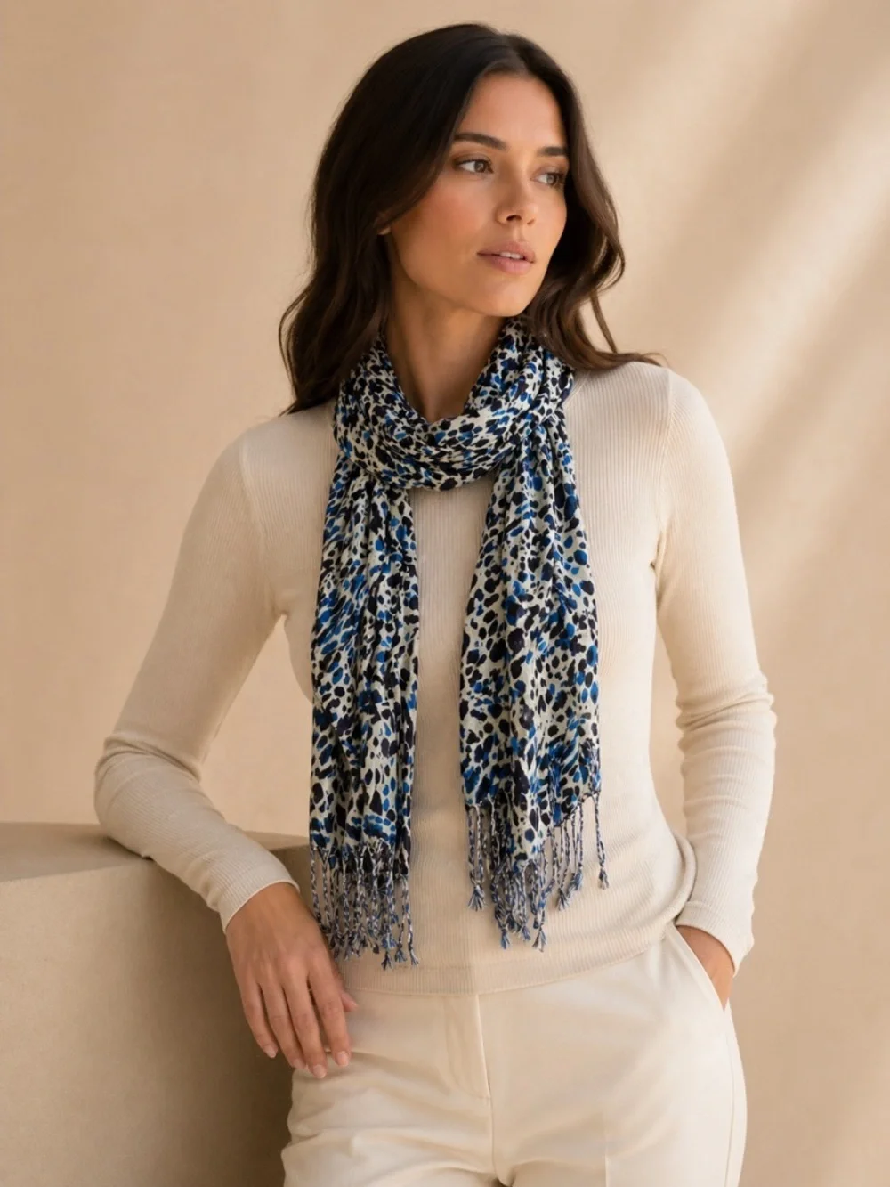 Blue Leopard Print Scarf Lightweight Animal Print Fringe Scarf